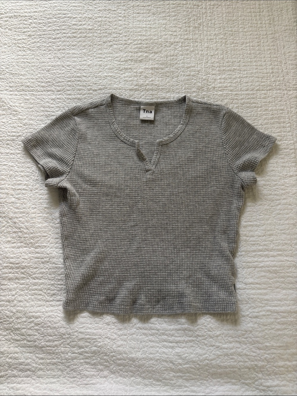 Aritzia TNA Short Sleeve Ribbed Henley Crop Top in Light Gray